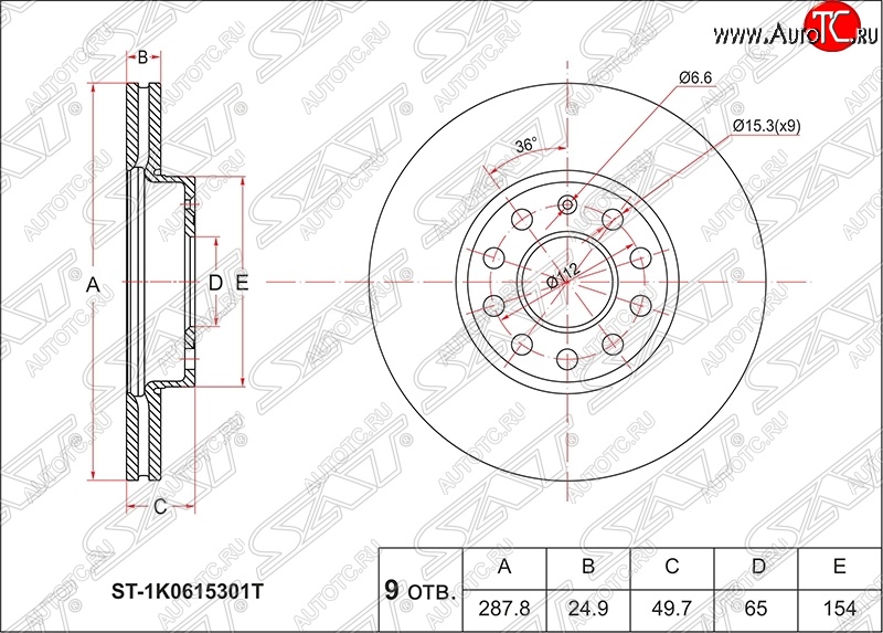 2 879 р. Диск тормозной SAT (вентилируемый, d288 мм) Audi A3 8V1 хэтчбэк 3 дв. дорестайлинг (2012-2016)  с доставкой в г. Краснодар