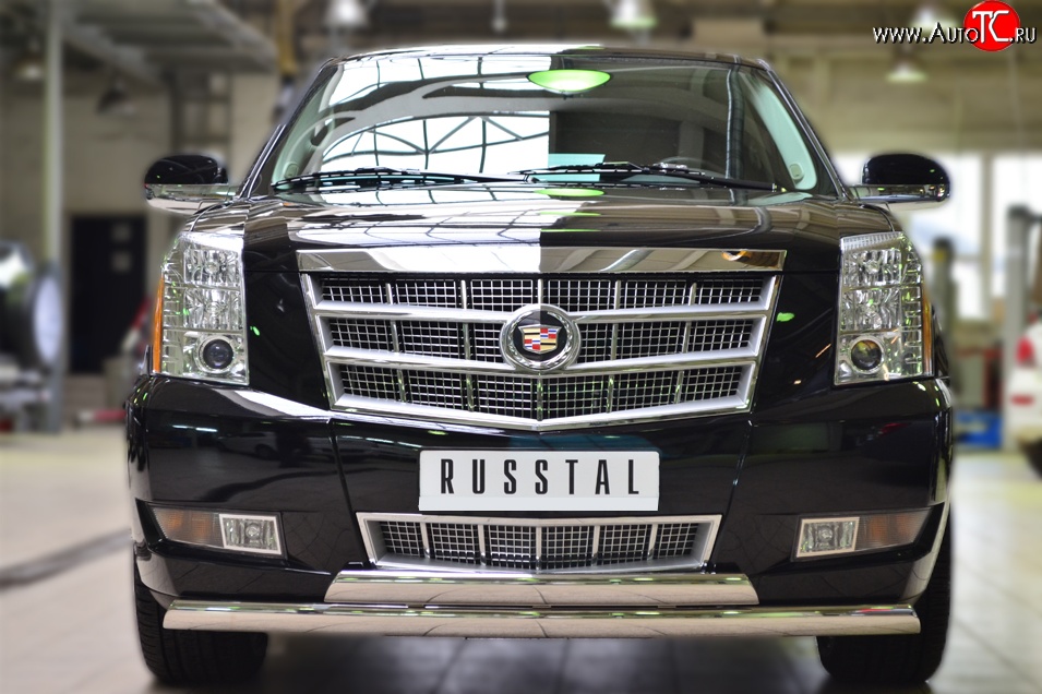 25 999 р. Защита переднего бампера (2 трубыØ75х42 мм, нержавейка) Russtal Cadillac Escalade GMT926 джип 5 дв. короткая база (2006-2014)  с доставкой в г. Краснодар