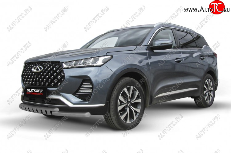 13 399 р. Защита переднего бампера Slitkoff (Ø 57+Ø 42 мм). Chery Tiggo 7 PRO (2019-2024) (Цвет: серебристый)  с доставкой в г. Краснодар