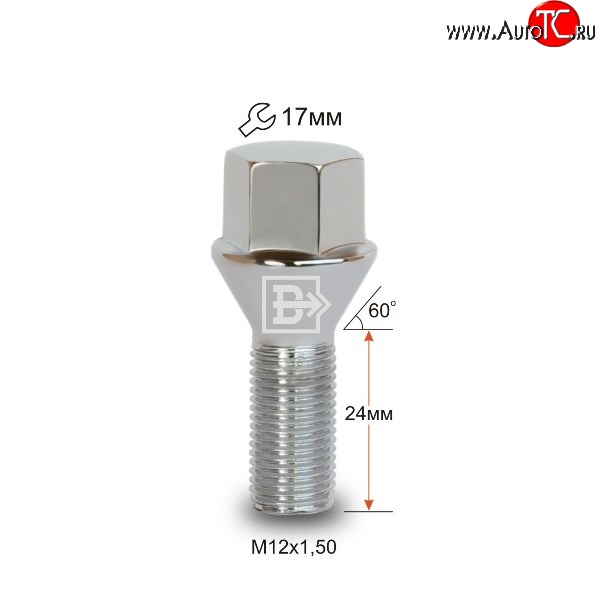 112 р. Колёсный болт длиной 24 мм Вектор M12 1.5 24 под гаечный ключ (пос.место: конус) Mazda BT-50 (2006-2011)