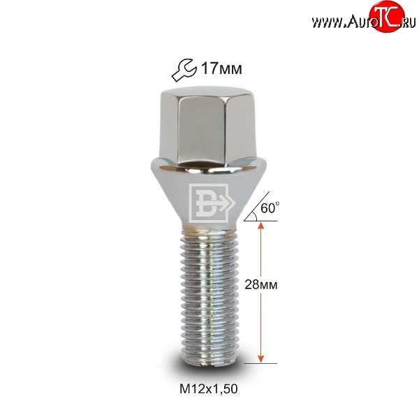 112 р. Колёсный болт длиной 28 мм Вектор M12 1.5 28 под гаечный ключ (пос.место: конус) Mazda Premacy (2010-2018)