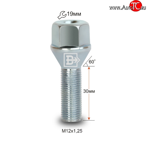 60 р. Колёсный болт длиной 30 мм Вектор M12 1.25 30 под гаечный ключ Peugeot 308 T9 универсал дорестайлинг (2014-2017)