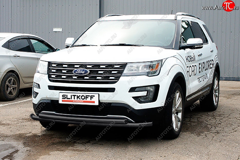 12 999 р. Защита переднего бампера Slitkoff (двойная, d57/57 мм) Ford Explorer U502 1-ый рестайлинг, 5 дв. (2015-2018) (Сталь с полимерным покрытием. Цвет: чёрный)  с доставкой в г. Краснодар