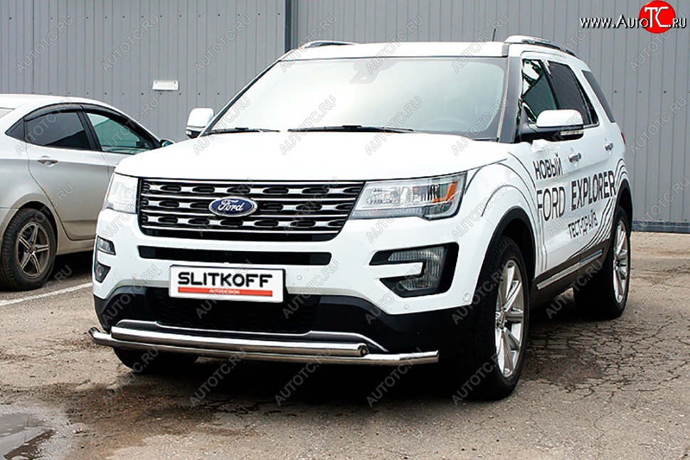 18 749 р. Защита переднего бампера Slitkoff (двойная, d57/57 мм)  Ford Explorer  U502 (2015-2018) 1-ый рестайлинг, 5 дв. (Нержавейка, Полированная)  с доставкой в г. Краснодар