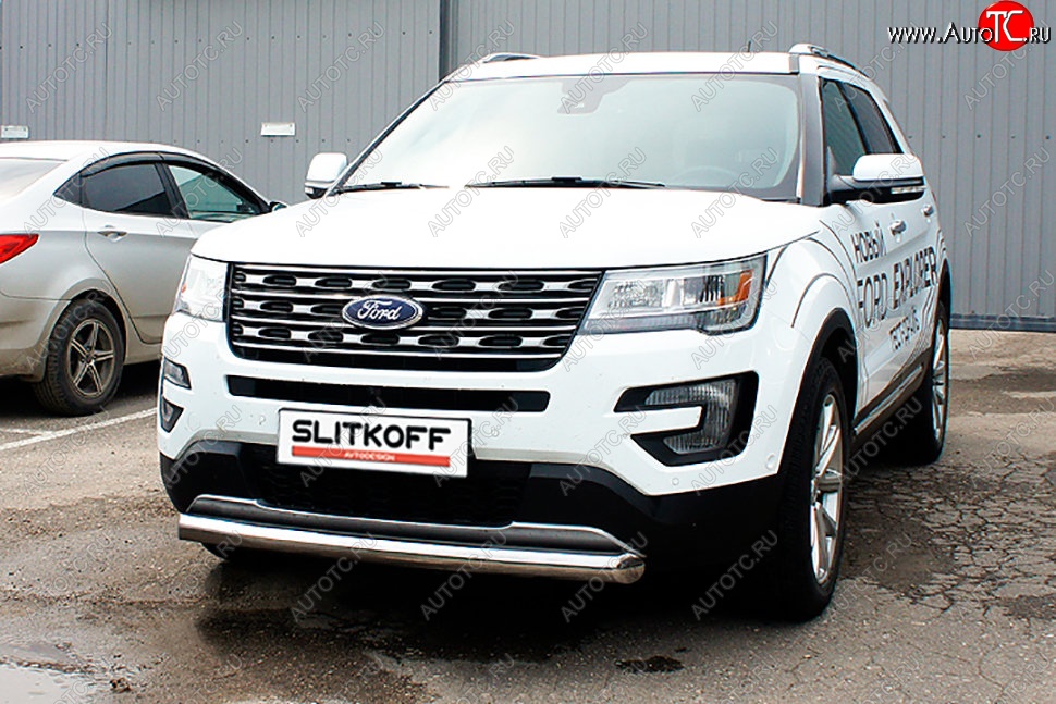 18 599 р. Защита переднего бампера Slitkoff (d76 мм)  Ford Explorer  U502 (2015-2018) 1-ый рестайлинг, 5 дв. (Нержавейка, Полированная)  с доставкой в г. Краснодар