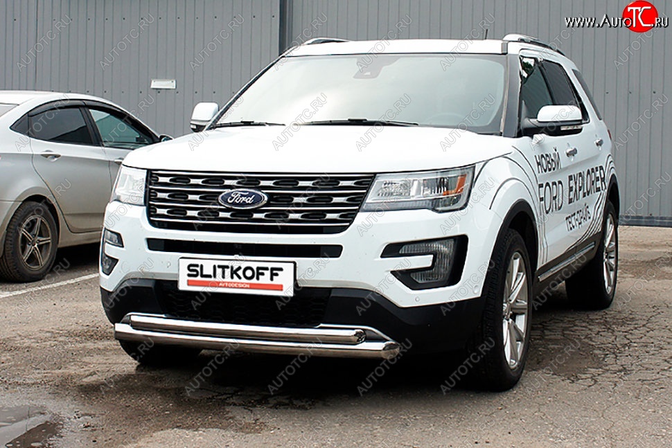 21 549 р. Защита переднего бампера Slitkoff (двойная, d76/57 мм)  Ford Explorer  U502 (2015-2018) 1-ый рестайлинг, 5 дв. (Нержавейка, Полированная)  с доставкой в г. Краснодар