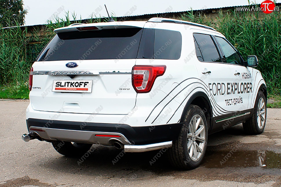 13 999 р. Защита заднего бампера Slitkoff (d76 мм, уголки)  Ford Explorer  U502 (2015-2018) 1-ый рестайлинг, 5 дв. (Нержавейка, Полированная)  с доставкой в г. Краснодар