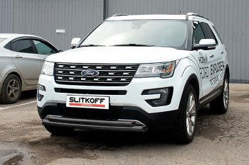 21 549 р. Защита переднего бампера Slitkoff (двойная, d76/57 мм)  Ford Explorer  U502 (2017-2019) 2-ой рестайлинг, 5 дв. (Нержавейка, Полированная)  с доставкой в г. Краснодар. Увеличить фотографию 2