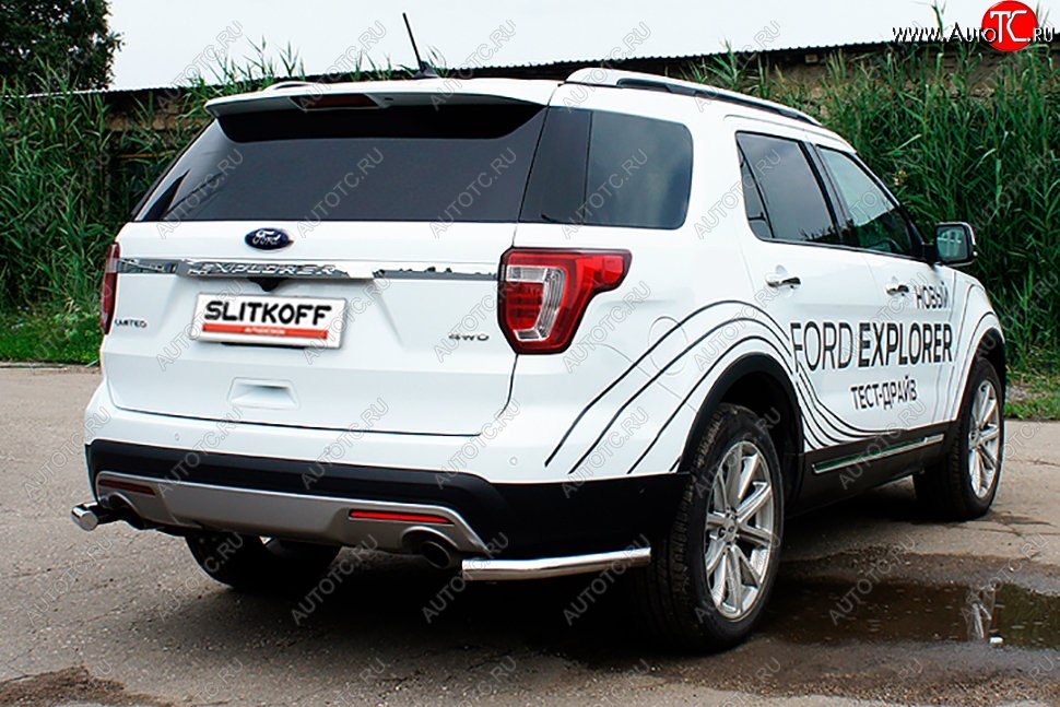 12 299 р. Защита заднего бампера Slitkoff (d57 мм, уголки)  Ford Explorer  U502 (2017-2019) 2-ой рестайлинг, 5 дв. (Нержавейка, Полированная)  с доставкой в г. Краснодар