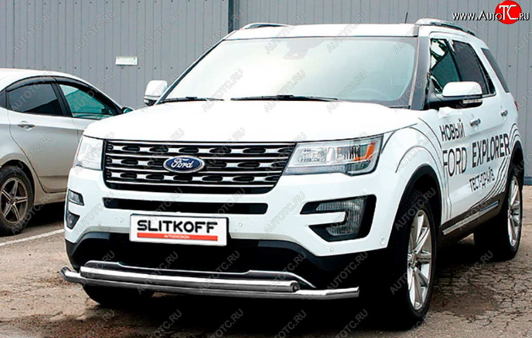 12 999 р. Защита переднего бампера Slitkoff (Ø 57+Ø 57, двойная).  Ford Explorer  U502 (2017-2019) 2-ой рестайлинг, 5 дв. (Сталь с полимерным покрытием. Цвет: серебристый)  с доставкой в г. Краснодар