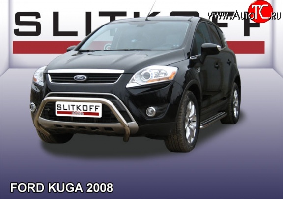 24 999 р. Усиленная низкая защита переднего бампера Slitkoff Ford Kuga 1 (2008-2013) (Нержавейка, Полированная)  с доставкой в г. Краснодар