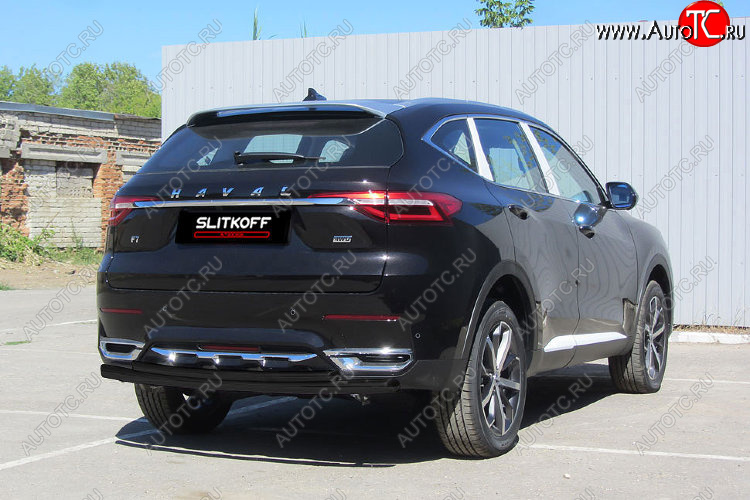 10 749 р. Защита заднего бампера (d57+d42) Slitkoff  Haval F7x (2019-2022)  дорестайлинг (Цвет: черный)  с доставкой в г. Краснодар