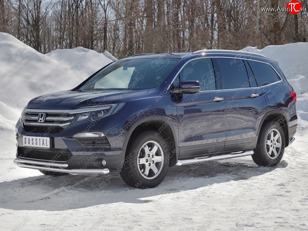 23 999 р. Защита переднего бампера (2 трубы Ø63 и 42 мм, нержавейка) SLITKOFF Honda Pilot YF6 дорестайлинг (2016-2019)  с доставкой в г. Краснодар