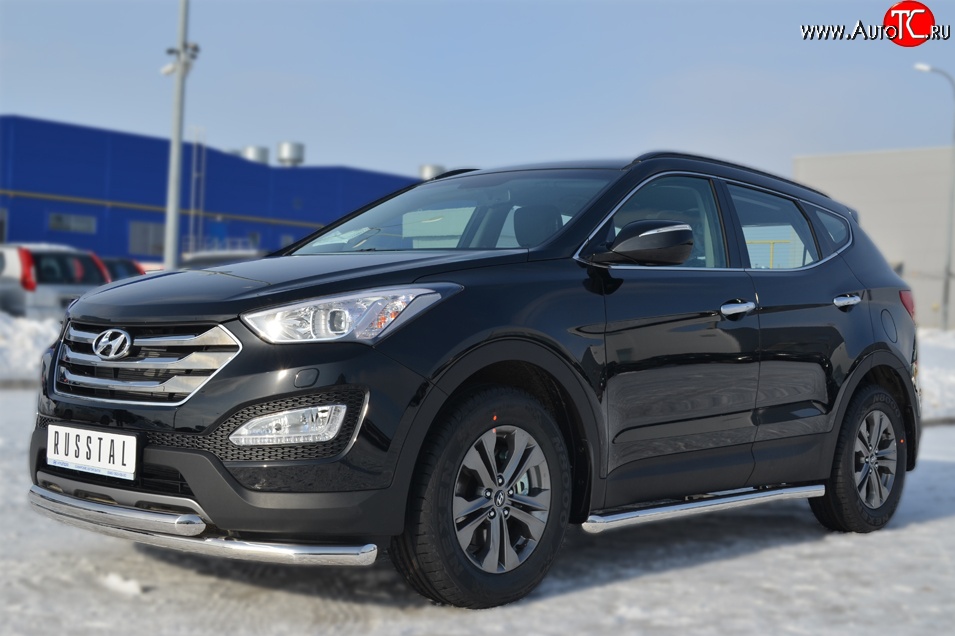 14 849 р. Защита порогов из круглой трубы диаметром 63 мм Russtal Hyundai Santa Fe DM дорестайлинг (2012-2016) (Защита порогов с со скосами на торцах (вариант 1))  с доставкой в г. Краснодар