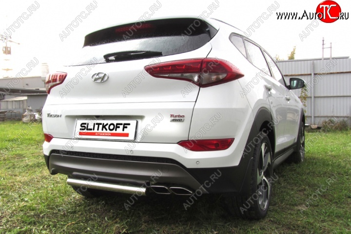 7 999 р. Защита заднего бампера из короткой трубы диаметром 57 мм Slitkoff Hyundai Tucson TL дорестайлинг (2015-2018) (Нержавейка, Полированная)  с доставкой в г. Краснодар