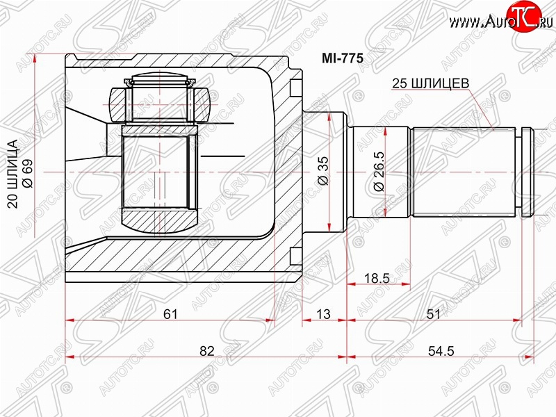 2 799 р. ШРУС SAT (внутренний, 20*25*35 мм) KIA Picanto 1 SA хэтчбэк 5 дв. дорестайлинг (2003-2007)  с доставкой в г. Краснодар