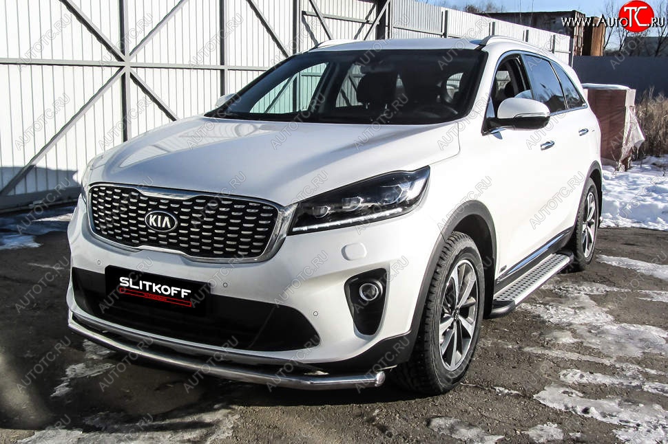 14 449 р. Защита переднего бампера Slitkoff (двойная, d57/42)  KIA Sorento  UM/Prime (2018-2020) рестайлинг (Нержавейка, Полированная)  с доставкой в г. Краснодар