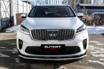 14 449 р. Защита переднего бампера Slitkoff (двойная, d57/42)  KIA Sorento  UM/Prime (2018-2020) рестайлинг (Нержавейка, Полированная)  с доставкой в г. Краснодар. Увеличить фотографию 2