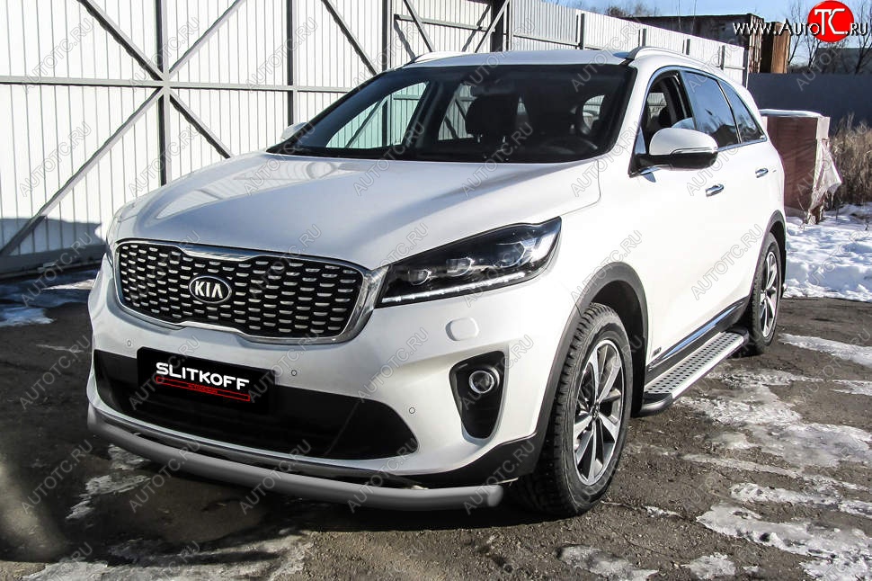 9 999 р. Защита переднего бампера Slitkoff (двойная, d57/42)  KIA Sorento  UM/Prime (2018-2020) рестайлинг (Сталь с полимерным покрытием. Цвет: серебристый)  с доставкой в г. Краснодар