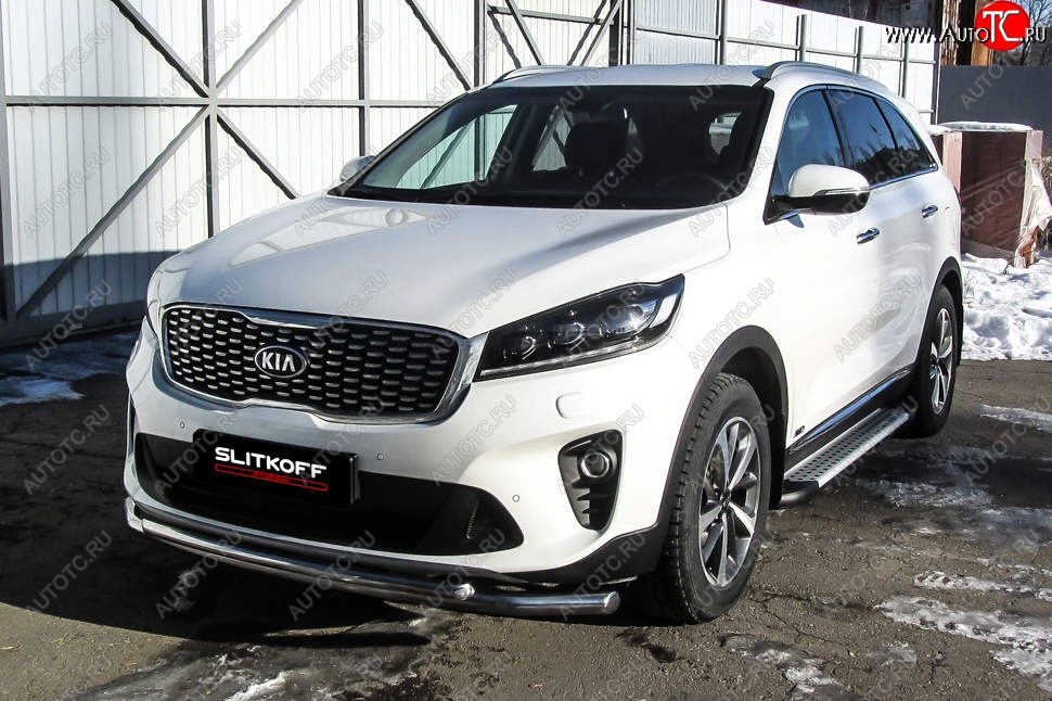 15 299 р. Защита переднего бампера Slitkoff (двойная, d57/42)  KIA Sorento  UM/Prime (2018-2020) рестайлинг (Нержавейка, Полированная)  с доставкой в г. Краснодар