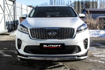 15 299 р. Защита переднего бампера Slitkoff (двойная, d57/42)  KIA Sorento  UM/Prime (2018-2020) рестайлинг (Нержавейка, Полированная)  с доставкой в г. Краснодар. Увеличить фотографию 2