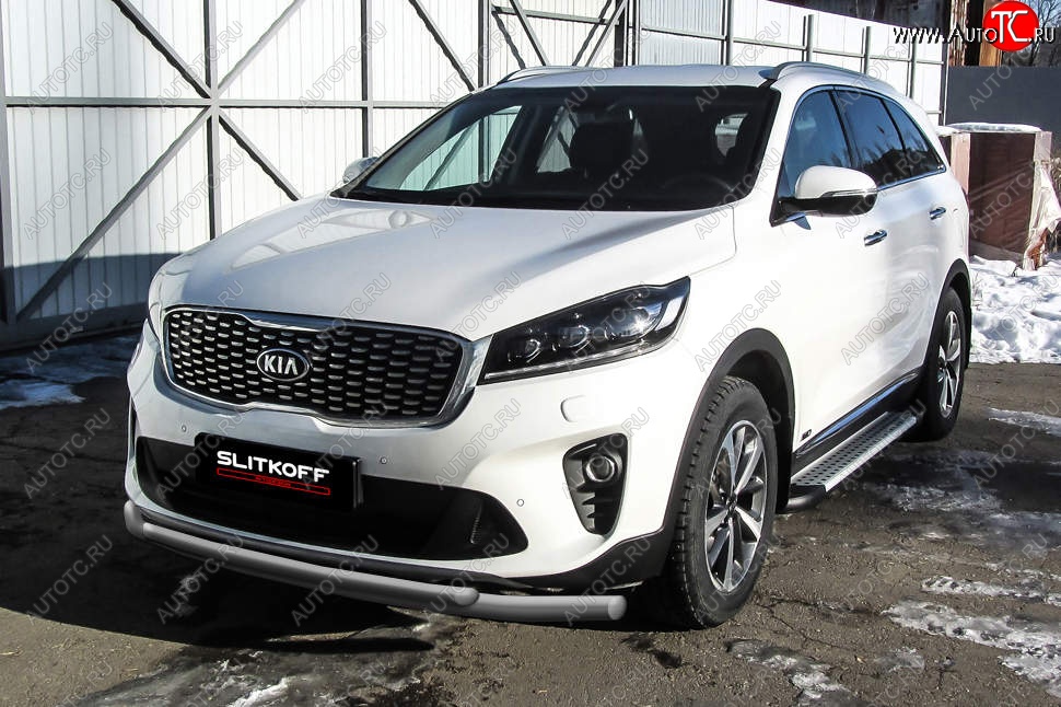 10 499 р. Защита переднего бампера Slitkoff (двойная, d57/42)  KIA Sorento  UM/Prime (2018-2020) рестайлинг (Сталь с полимерным покрытием. Цвет: серебристый)  с доставкой в г. Краснодар