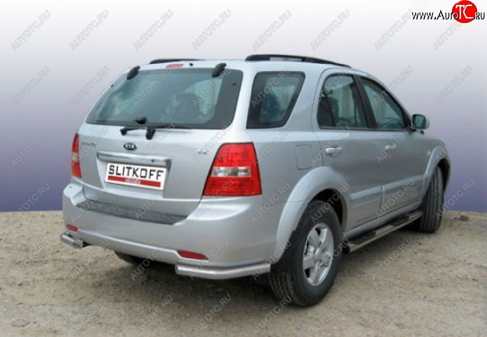 5 699 р. Защита заднего бампера Slitkoff (Ø 57 мм, уголки)  KIA Sorento  BL (2002-2006) дорестайлинг (Сталь с полимерным покрытием. Цвет: серебристый)  с доставкой в г. Краснодар