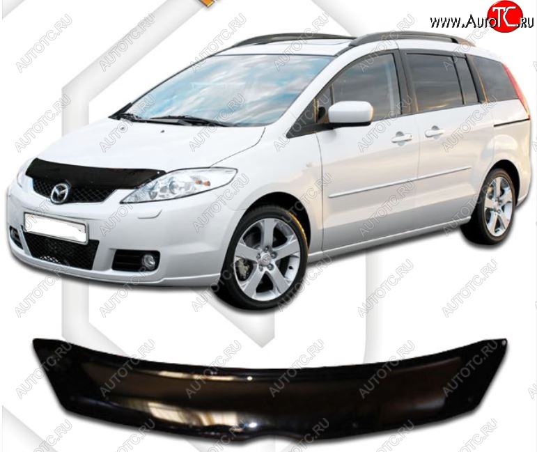 2 079 р. Дефлектор капота CA-Plastic  Mazda 5 (2005-2010) (Classic черный, Без надписи)  с доставкой в г. Краснодар