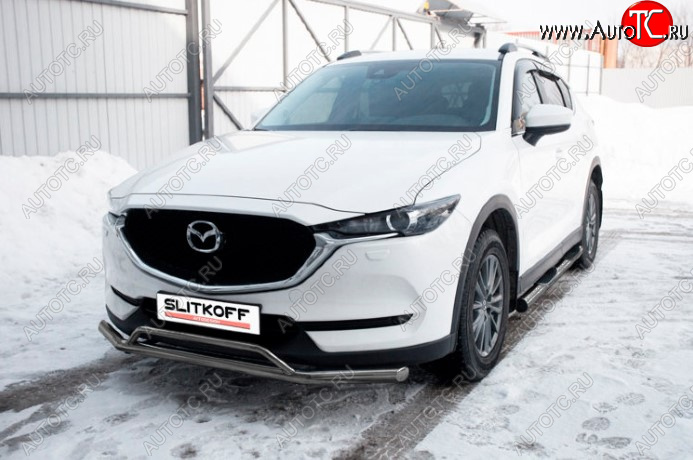 11 799 р. Защита переднего бампера Slitkoff (Ø 57+Ø 32, двойная).  Mazda CX-5  KF (2016-2024) (Сталь с полимерным покрытием. Цвет: серебристый)  с доставкой в г. Краснодар