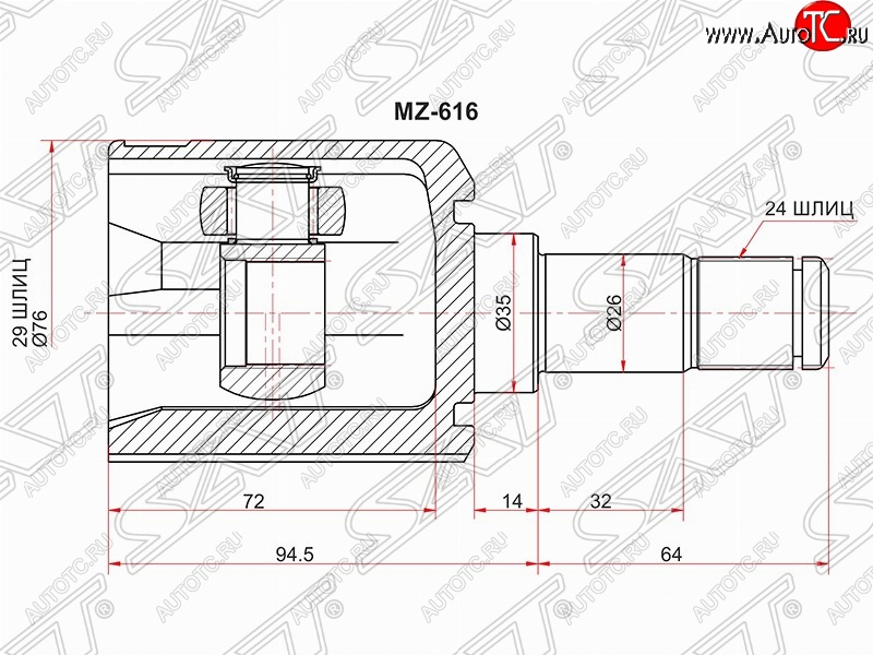 6 449 р. Шрус (внутренний/левый) SAT (29*24*35 мм) Mazda 323/Familia седан BJ дорестайлинг (1998-2000)  с доставкой в г. Краснодар