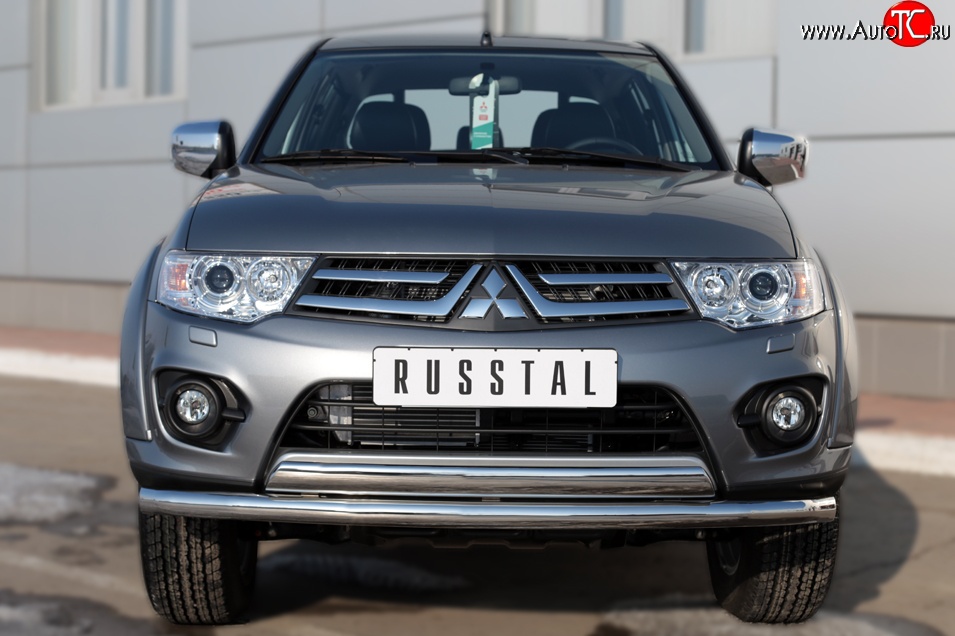 22 949 р. Защита переднего бампера (2 трубы Ø63 и 75х42 мм, нержавейка) Russtal Mitsubishi L200 5 KK,KL дорестайлинг (2015-2019)  с доставкой в г. Краснодар