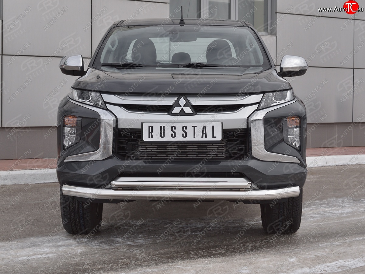 22 499 р. Защита переднего бампера (2 трубы Ø76 и 42 мм, нержавейка) SLITKOFF Mitsubishi L200 5 KK,KL рестайлинг (2018-2022)  с доставкой в г. Краснодар