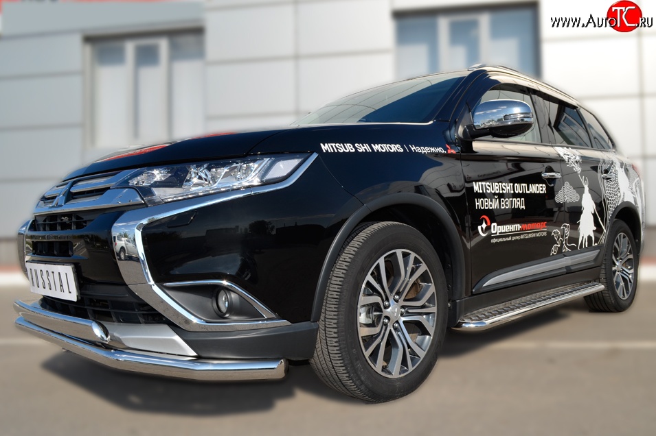 22 949 р. Защита переднего бампера (2 трубыØ75х42 и 63 мм, нержавейка) Russtal Mitsubishi Outlander GF 2-ой рестайлинг (2015-2018)  с доставкой в г. Краснодар