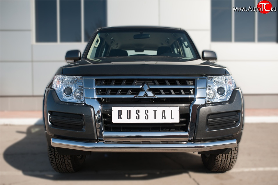 22 949 р. Защита переднего бампера (2 трубы Ø76 и 75х42 мм, нержавейка) Russtal Mitsubishi Pajero 4 V90 2-ой рестайлинг (2014-2020)  с доставкой в г. Краснодар