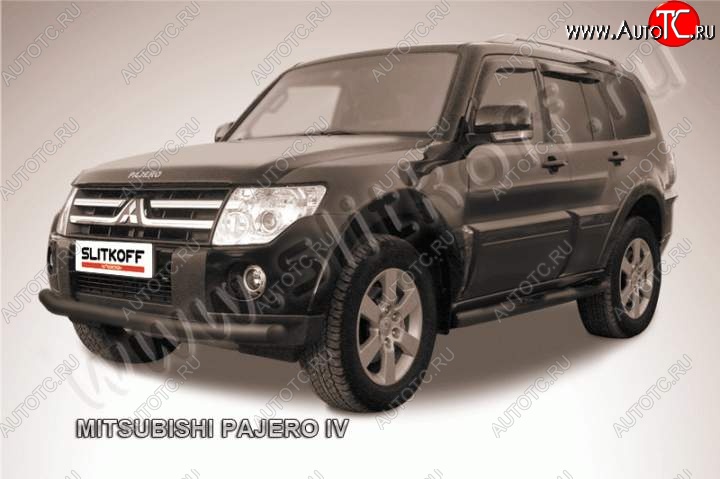 10 499 р. Защита переднего бампер Slitkoff Mitsubishi Pajero 4 V90 дорестайлинг (2006-2011) (Цвет: серебристый)  с доставкой в г. Краснодар