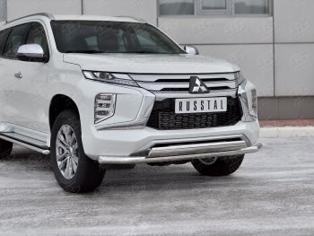 Защита переднего бампера (2 трубы Ø63 и 75х42 мм, нержавейка) SLITKOFF Mitsubishi Pajero Sport QF рестайлинг (2019-2022)