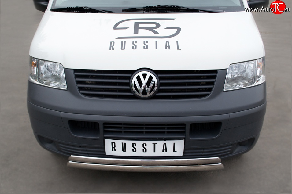 22 299 р. Защита переднего бампера (2 трубыØ75х42 мм, нержавейка) Russtal Volkswagen Transporter T5 дорестайлинг (2003-2009)  с доставкой в г. Краснодар