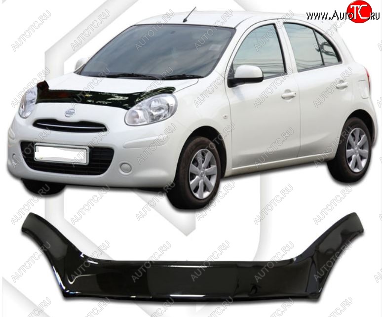 2 399 р. Дефлектор капота CA-Plastiс exclusive  Nissan Micra  K13 (2010-2013) 5 дв. дорестайлинг (Classic черный, Без надписи)  с доставкой в г. Краснодар