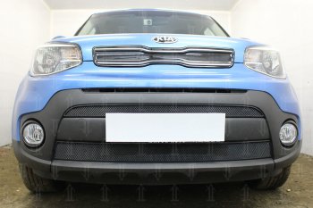 Защитная сетка в бампер (2 части, ячейка 3х7 мм) Alfeco Стандарт KIA (КИА) Soul (Сол)  PS (2017-2019) PS рестайлинг  (Чёрная)