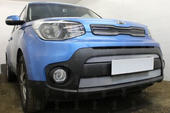 4 999 р. Защитная сетка в бампер (2 части, ячейка 3х7 мм) Alfeco Стандарт  KIA Soul  PS (2017-2019) рестайлинг (Хром)  с доставкой в г. Краснодар. Увеличить фотографию 2