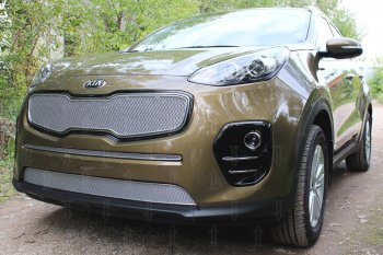 3 899 р. Защитная сетка в бампер (низ, ячейка 3х7 мм) Alfeco Стандарт  KIA Sportage  4 QL (2016-2018) дорестайлинг (Хром)  с доставкой в г. Краснодар. Увеличить фотографию 2