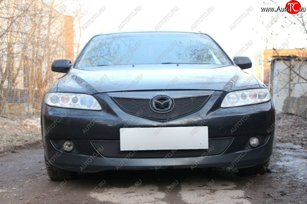 3 099 р. Защитная сетка в бампер (верх, ячейка 3х7 мм) Alfeco Стандарт Mazda 6 GG лифтбэк дорестайлинг (2002-2005) (Чёрная)  с доставкой в г. Краснодар