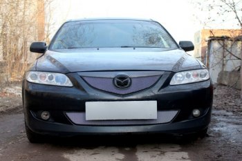 3 079 р. Защитная сетка в бампер (низ, ячейка 3х7 мм) Alfeco Стандарт  Mazda 6  GG (2002-2005) лифтбэк дорестайлинг, седан дорестайлинг (Хром)  с доставкой в г. Краснодар. Увеличить фотографию 1