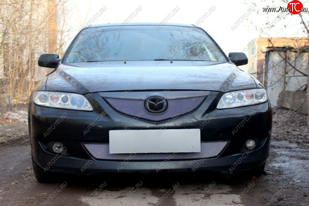 3 699 р. Защитная сетка в бампер (низ, ячейка 3х7 мм) Alfeco Стандарт  Mazda 6  GG (2002-2005) лифтбэк дорестайлинг, седан дорестайлинг (Хром)  с доставкой в г. Краснодар