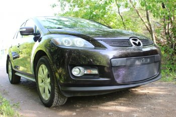 3 199 р. Защитная сетка в бампер (низ, ячейка 3х7 мм) Alfeco Стандарт Mazda CX-7 ER дорестайлинг (2006-2010) (Чёрная)  с доставкой в г. Краснодар. Увеличить фотографию 2