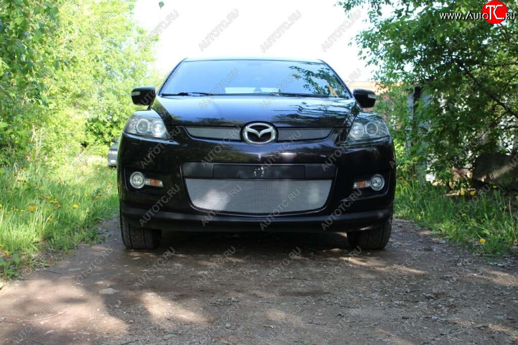 3 399 р. Защитная сетка в бампер (низ, ячейка 3х7 мм) Alfeco Стандарт Mazda CX-7 ER дорестайлинг (2006-2010) (Хром)  с доставкой в г. Краснодар