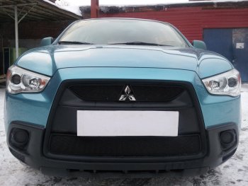 Защитная сетка в бампер (низ, ячейка 3х7 мм) Alfeco Стандарт Mitsubishi ASX дорестайлинг (2010-2012)  (Чёрная)