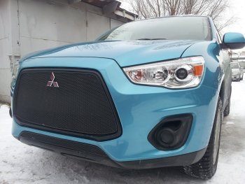 3 679 р. Защитная сетка в бампер (низ, ячейка 4х10 мм) Alfeco Премиум Mitsubishi ASX 1-ый рестайлинг (2013-2016) (Чёрная)  с доставкой в г. Краснодар. Увеличить фотографию 2