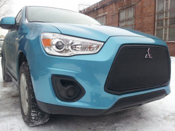 5 999 р. Защитная сетка в бампер (верх, ячейка 4х10 мм) Alfeco Премиум Mitsubishi ASX 1-ый рестайлинг (2013-2016) (Чёрная)  с доставкой в г. Краснодар. Увеличить фотографию 1