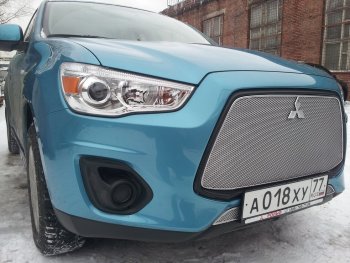 5 999 р. Защитная сетка в бампер (верх, ячейка 4х10 мм) Alfeco Премиум Mitsubishi ASX 1-ый рестайлинг (2013-2016) (Хром)  с доставкой в г. Краснодар. Увеличить фотографию 2